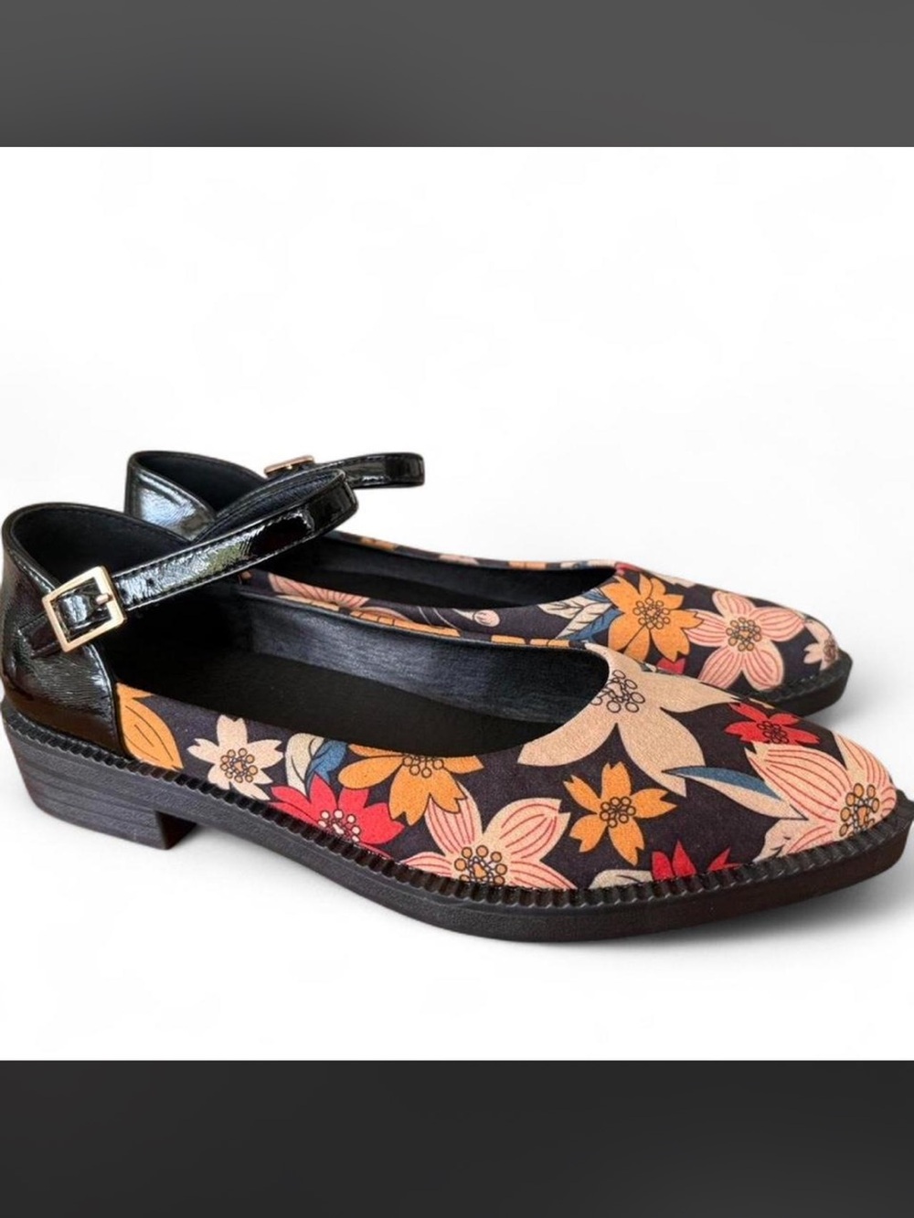 Floral Mary Jane Flats with Ankle Strap - Black Multi